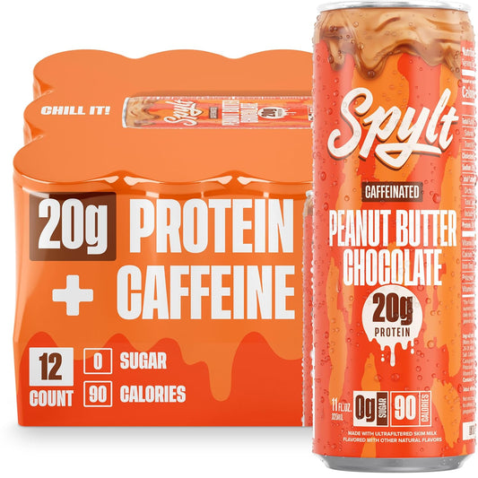 Spylt High Protein Peanut Butter Chocolate Milk with 60mg Caffeine & 20g Protein - 90 Calories, Ready to Drink, Sugar Free, Lactose Free Milk, Perfect for Workout Recovery & Afternoon Pick Me Up - 12 Count