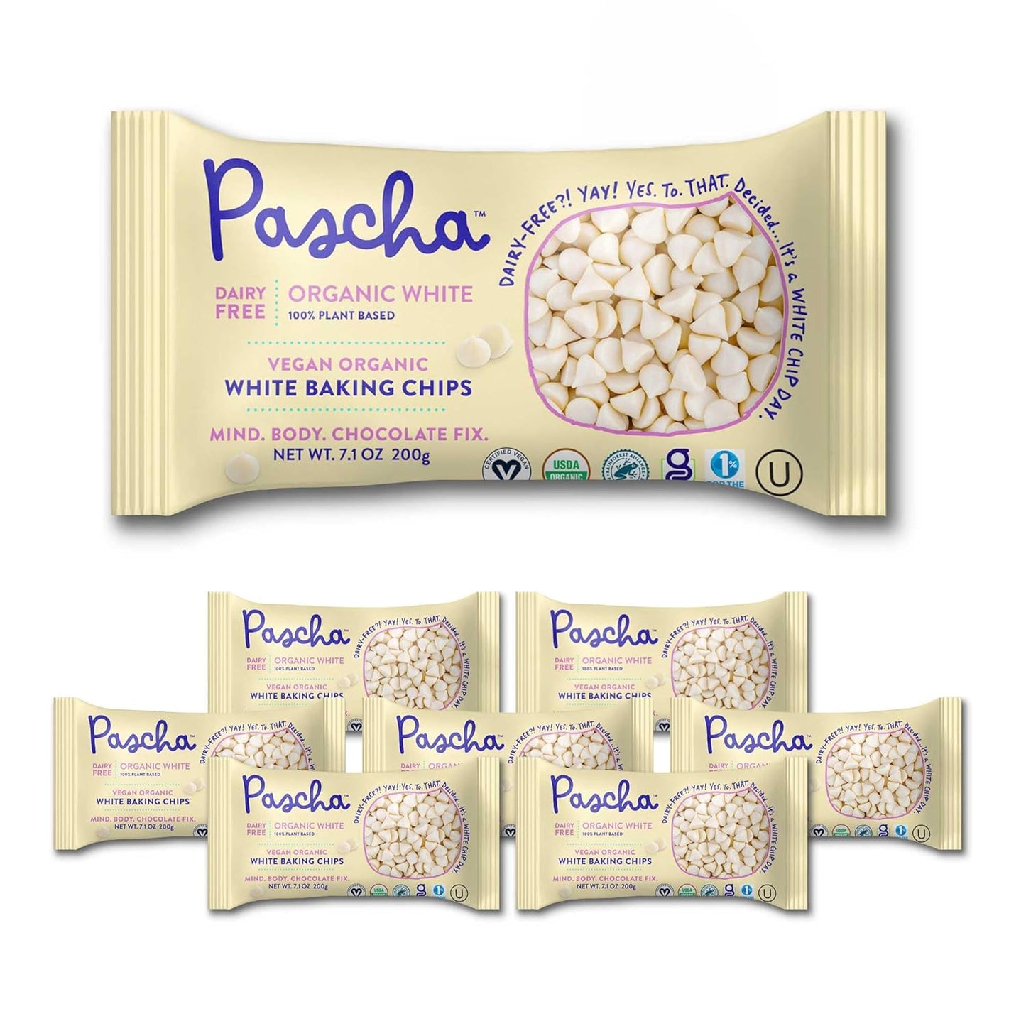 Pascha Organic Vegan White Baking Chips - Dairy-Free Alternative - Rice-Based Bulk Baking Chocolate - Allergen-Free & Plant-Based - Rainforest Alliance Certified Cocoa Butter, (Pack of 6)
