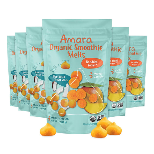 Amara Smoothie Melts - Mango Carrot - Baby Snacks Made With Fruits and Vegetables - Healthy Toddler Snacks For Your Kids Lunch Box - Organic Plant Based Yogurt Melts - 6 Resealable Bags