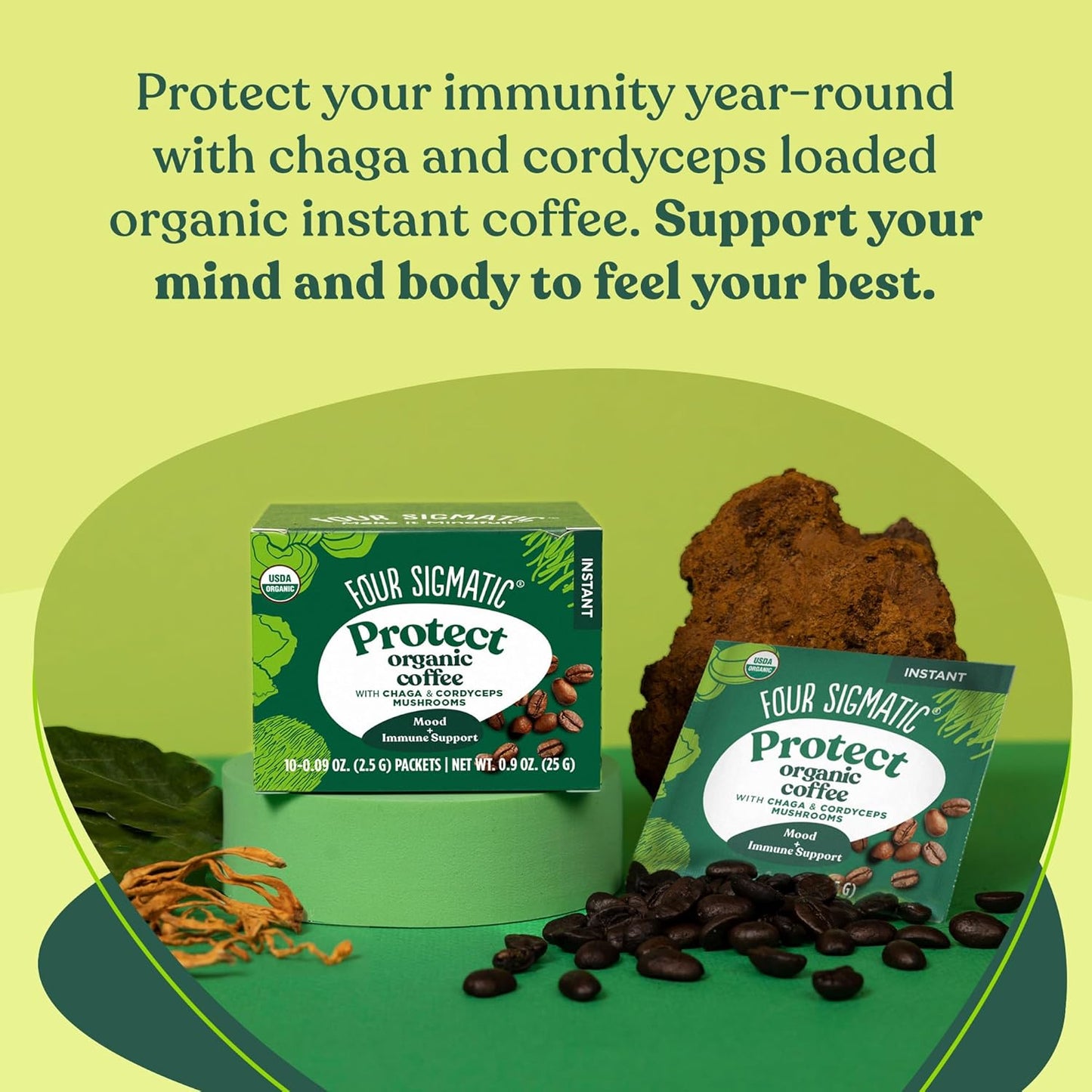 Four Sigmatic Organic Instant Coffee Powder | Mushroom Coffee Instant Mix with Cordyceps, Chaga and Eleuthero for Better Focus and Immune Support | 10 Packets