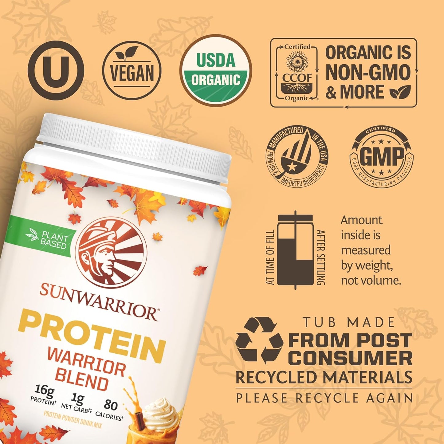 Sunwarrior Vegan Protein Powder Plant-Based USDA Organic Protein BCAA Amino Acids Hemp Seed Keto Friendly Soy Dairy Gluten & Synthetic Free Non-GMO, Pumpkin Spice Flavored 30 Servings