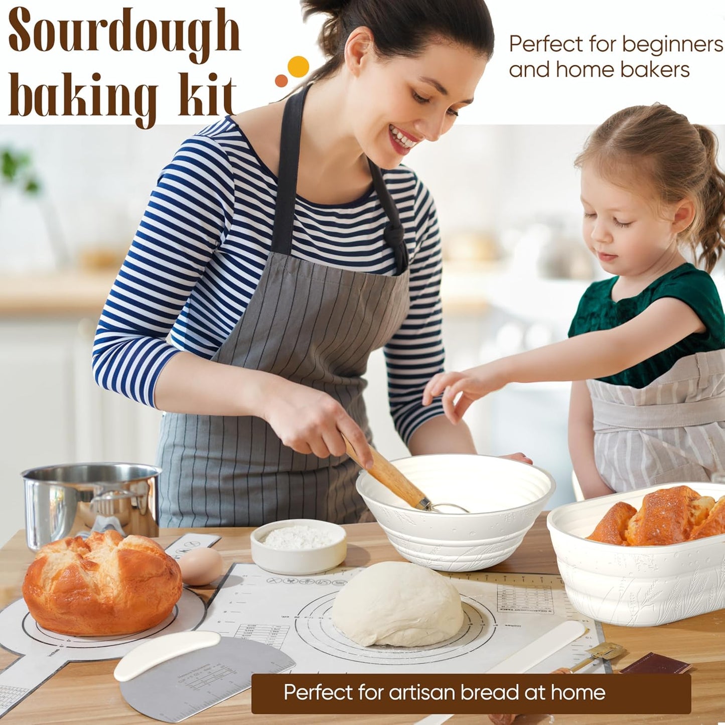 Sourdough Starter Kit with Jar – Complete Sourdough Bread Baking Supplies for Beginners, Includes 2 Silicone Proofing Baskets Baking Mat Sour Dough Kit - White