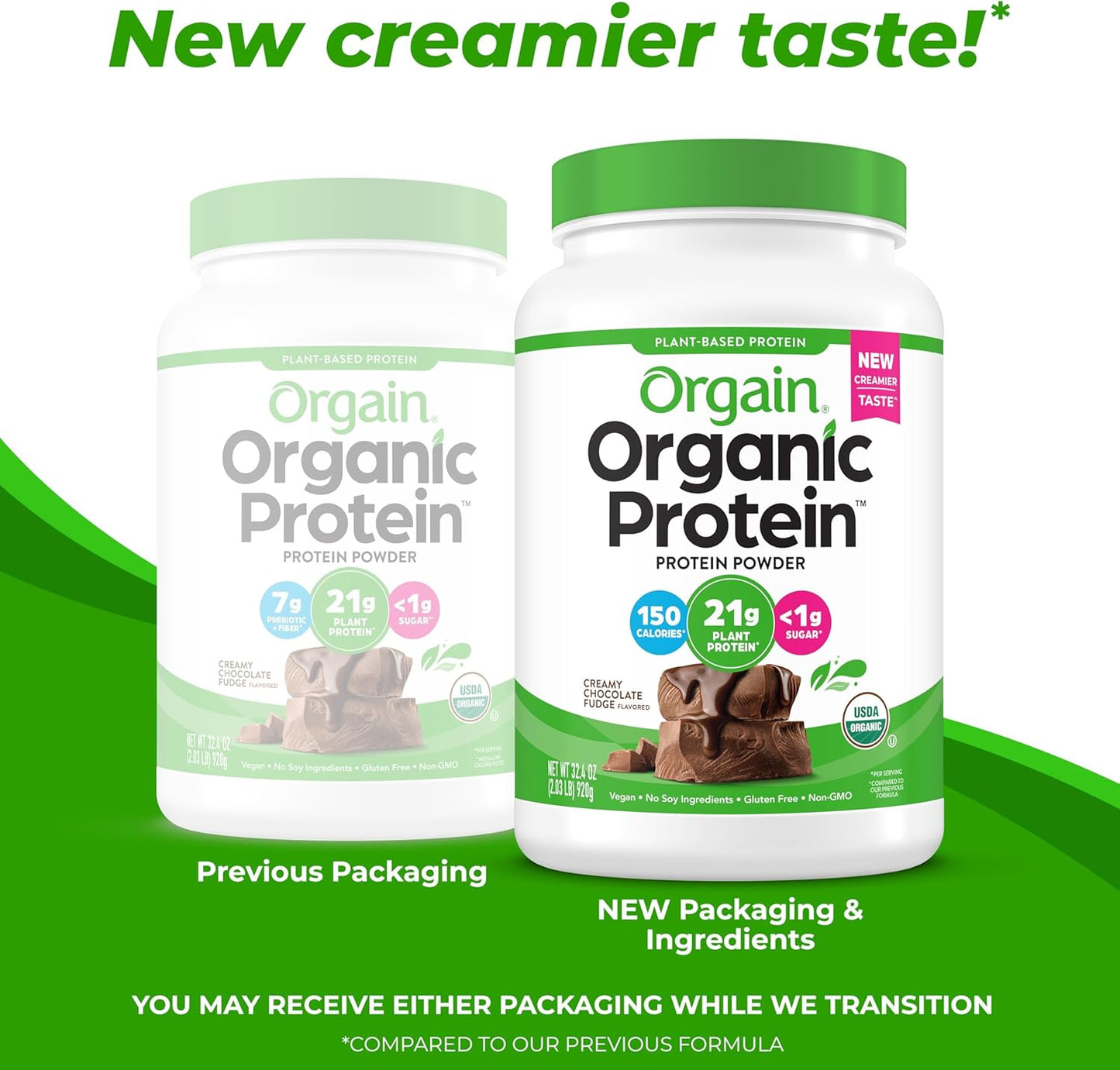 Orgain Organic Vegan Protein Powder, Creamy Chocolate Fudge - 21g Plant Protein, 6g Prebiotic Fiber, Low Net Carb, No Lactose Ingredients, No Added Sugar, Non-GMO, For Shakes & Smoothies, 2.03 lb