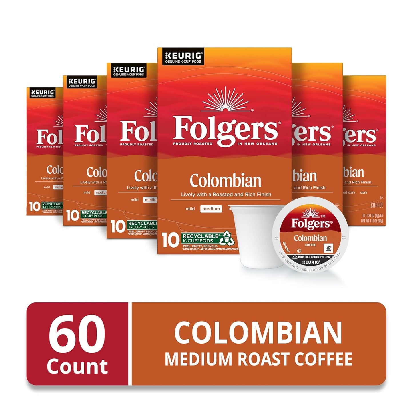 Folgers Colombian Coffee, Medium Roast, Keurig K-Cup Pods, 10 Count Box (Pack of 6)