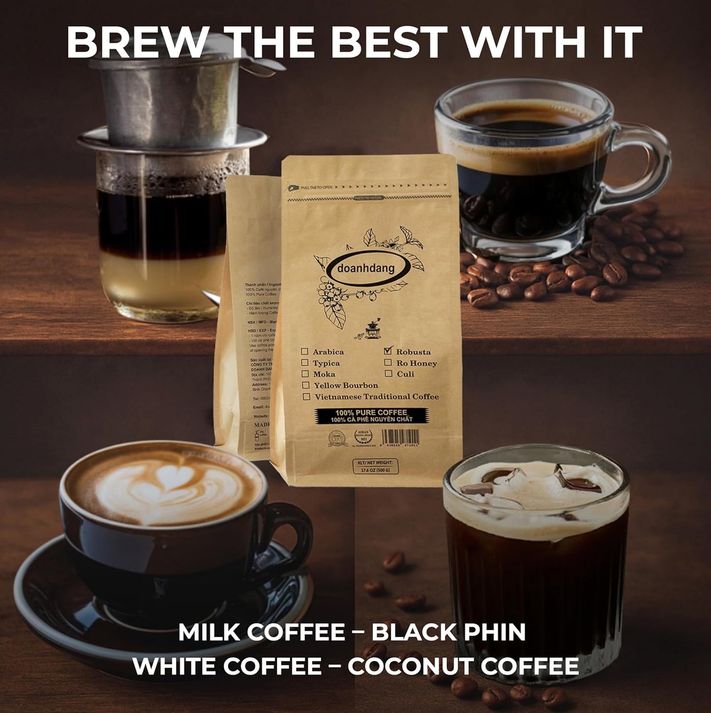 doanhdang - 17.6 Oz Premium Robusta Whole Bean Coffee, 100% Robusta Medium Roast, Rich Flavor for Espresso Shot and Brew, Origin from Vietnam, Whole Med Roast Beans