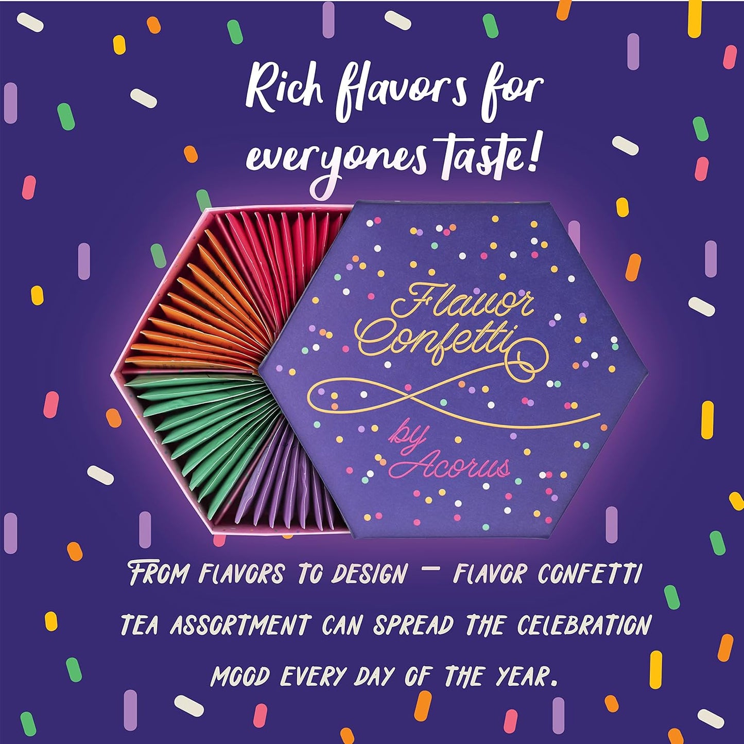 ACORUS | Flavor Confetti Tea Assortment | Natural Fruit and Herbal Tea Gift Set | Celebrate with 6 Different Flavors | Large Selection Tea Set | Tea Box For Various Occasions - 60 Tea Bags