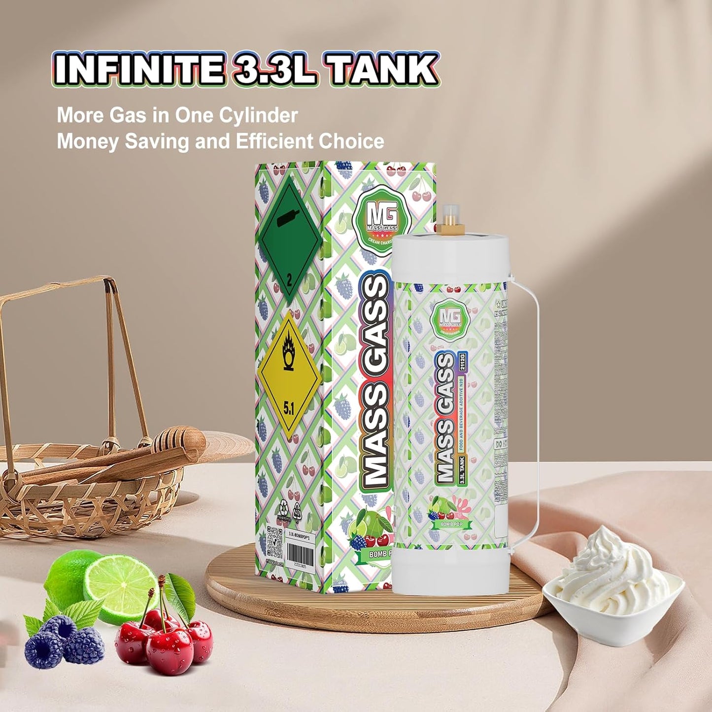 Whipped Cream Charger 3.3l Tanks,Mass Gass 2112g Whip Cream Chargers Cylinde,Food Grade 99.9%-Purity (1 Cylinder BOMB POP)