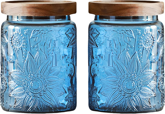 Set of 2 Vintage Blue Glass Storage Jars, 23.7 oz Mason Jars with Lids for Kitchen Pantry, Candy, Flour, Coffee, Pet Food, Decorative Kitchen & Home Decor (Blue, 2 Pack)