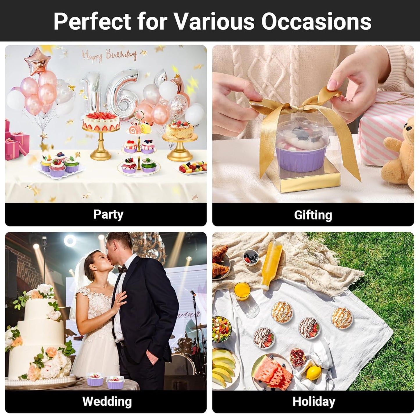 EUSOAR Aluminum Foil Baking Cups with Lids, Light Purple 50pcs 5oz Creme Brulee Ramekins Disposable, Muffin Liners Cups，Mini Cheesecake Foil Pans Dessert Containers with Lids for Party Favor Birthday