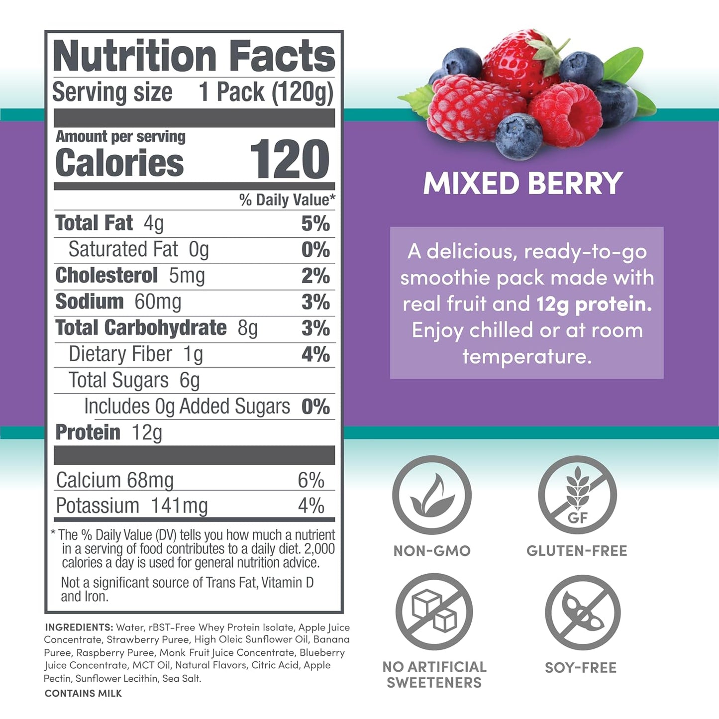 Designer Wellness Protein Smoothie, Real Fruit, 12g Protein, Low Carb, Zero Added Sugar, Gluten-Free, Non-GMO, No Artificial Colors or Flavors, Mixed Berry, 24 Count