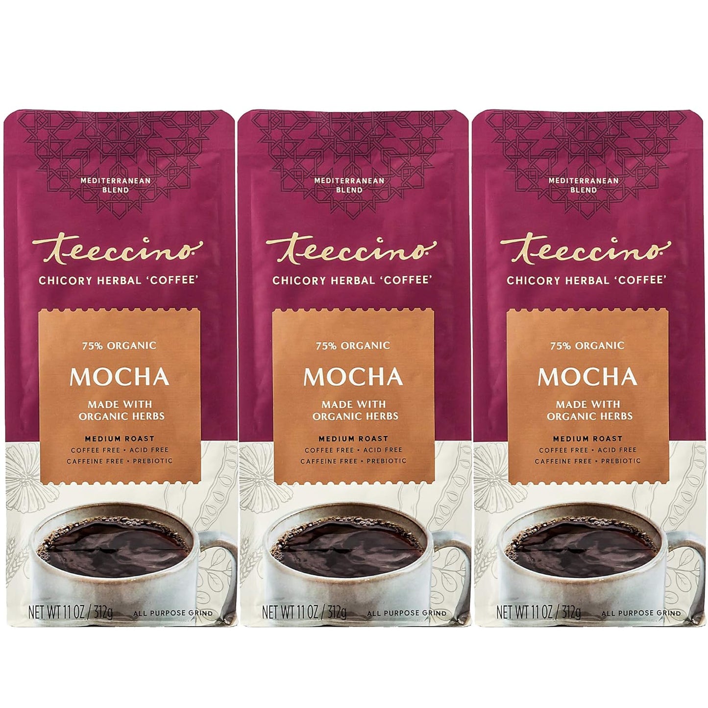 Teeccino Mocha Chicory Coffee Alternative - 11 Ounce - Ground Herbal Coffee That’s Prebiotic, Caffeine-Free & Acid Free, Medium Roast, (Pack of 3)