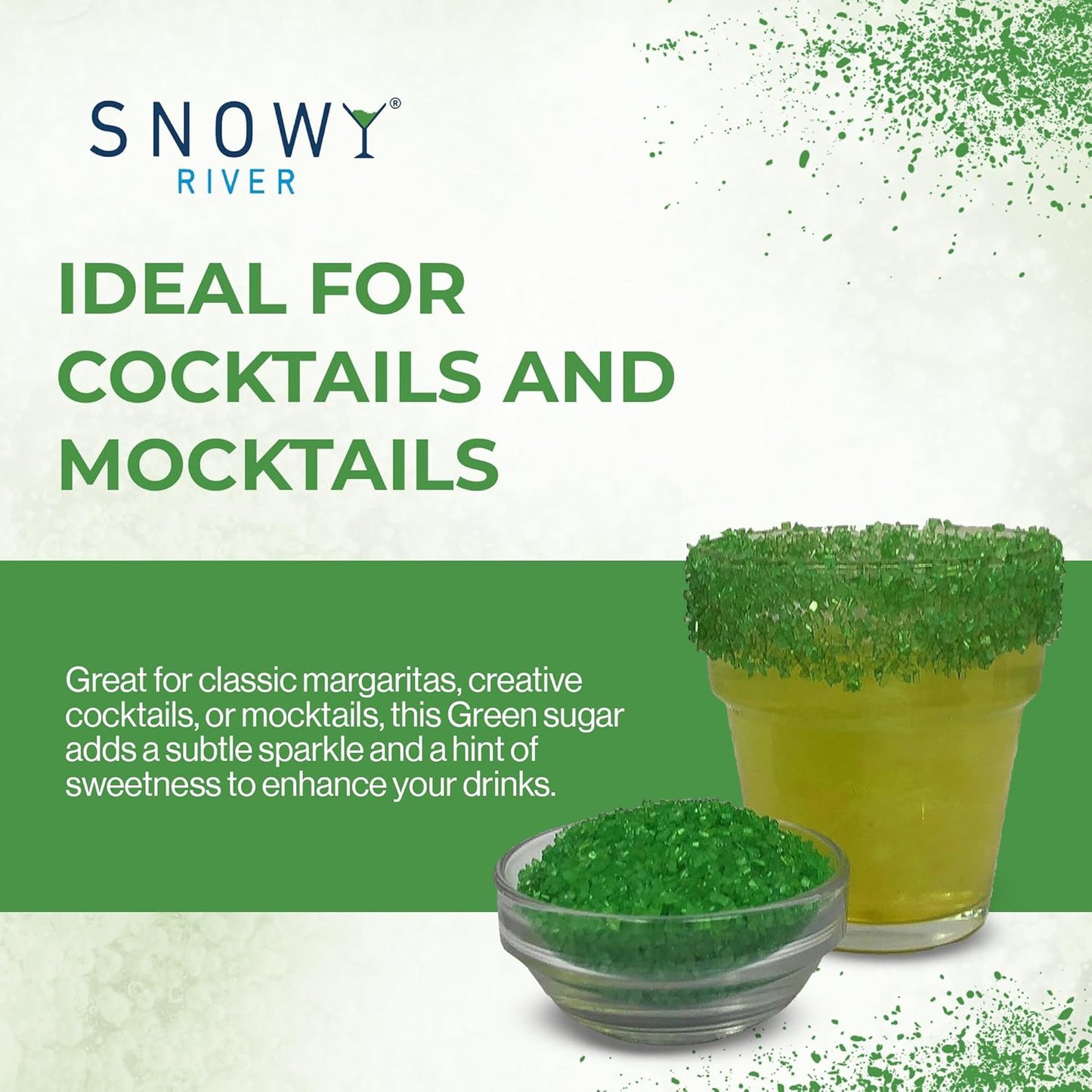 Snowy River Green, Cocktail & Margarita Sugar Rimmer - Vibrant Color Glass Rimming Sugar with Medium Crystal Texture - 16oz