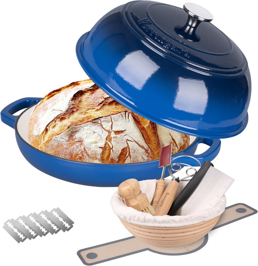 Enameled Cast Iron Dutch Oven Pot with Lid, Bread Oven for Sourdough Bread Baking, Dutch Ovens with Bread Proofing Basket& Baking Supplies Set, 6 Quart, Blue