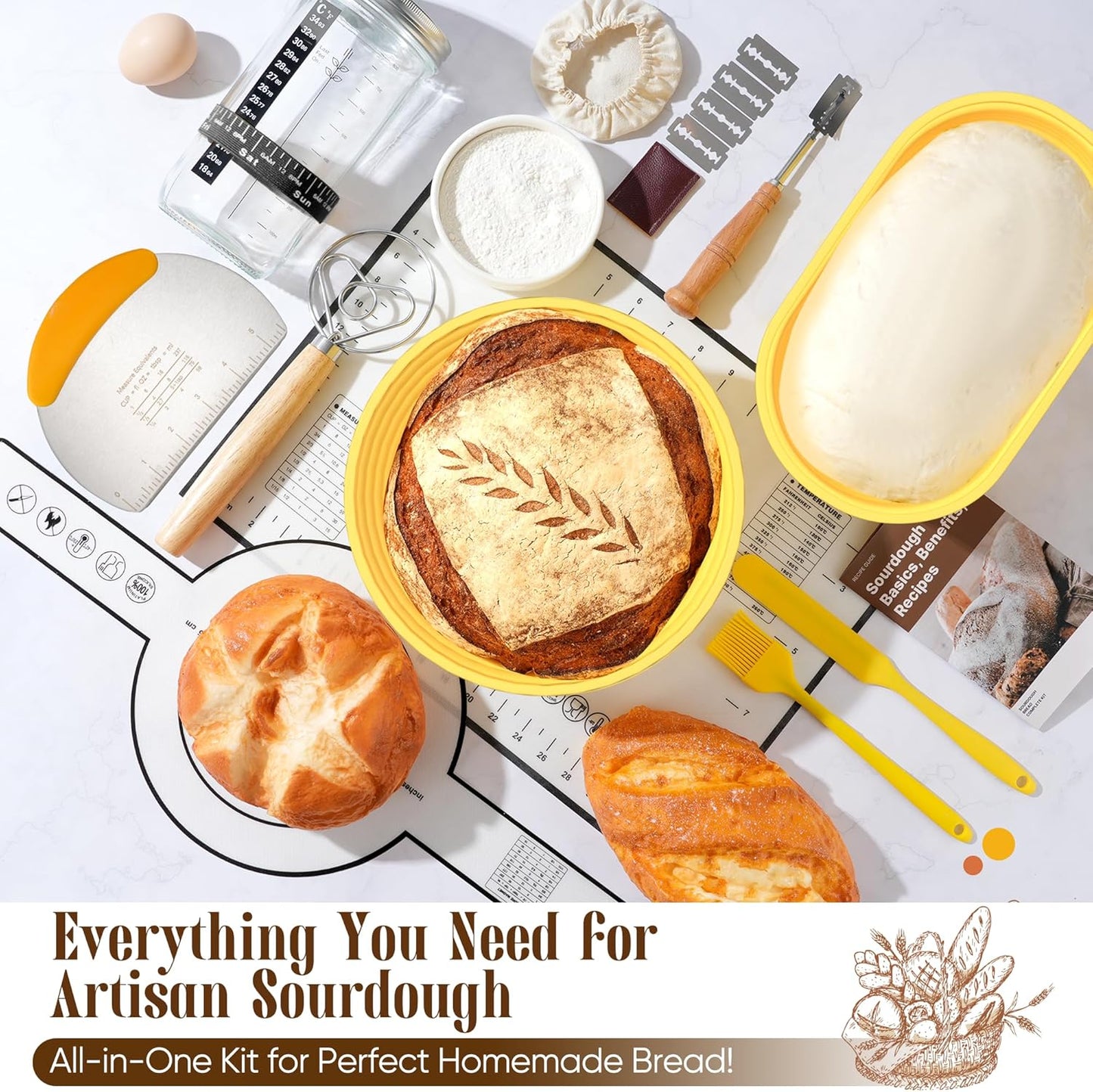 Sourdough Starter Kit with Jar – Complete Sourdough Bread Baking Supplies for Beginners, Includes 2 Silicone Proofing Baskets Baking Mat Sour Dough Kit - Yellow