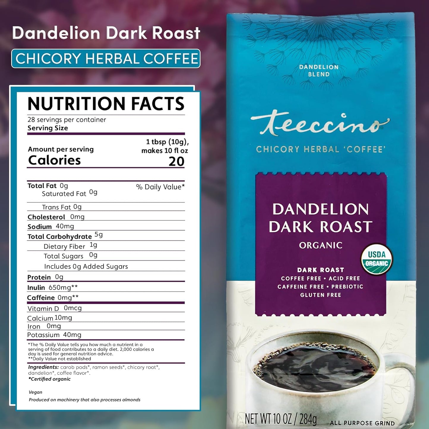 Teeccino Dandelion Dark Roast Herbal Coffee - Caffeine-Free Coffee Alternative with Prebiotics, Gluten Free, Acid Free, Organic - 10 oz (Pack of 3)