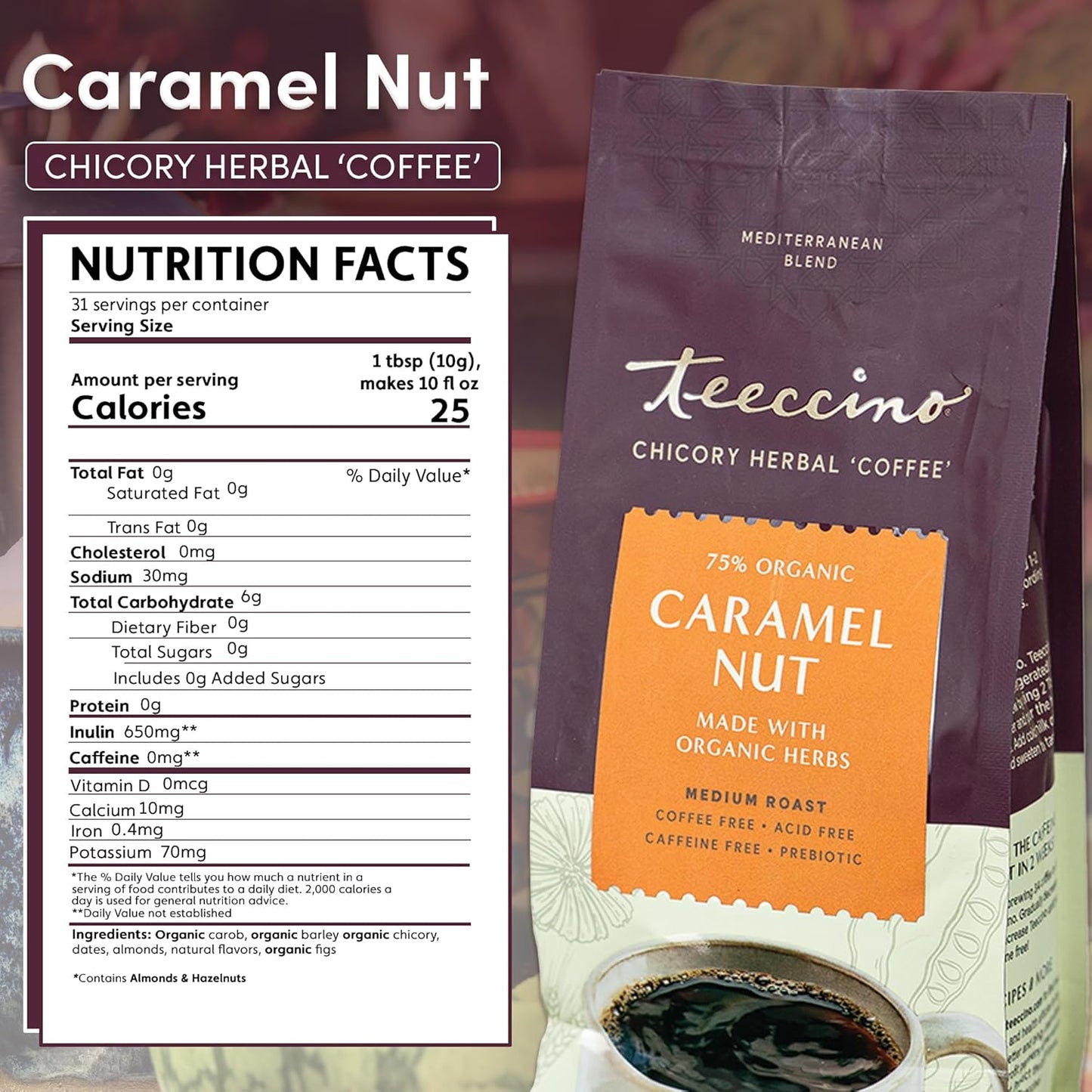 Teeccino Caramel Nut Chicory Coffee Alternative - Ground Herbal Coffee That’s Prebiotic, Caffeine Free & Acid Free, Medium Roast, 11 Ounce