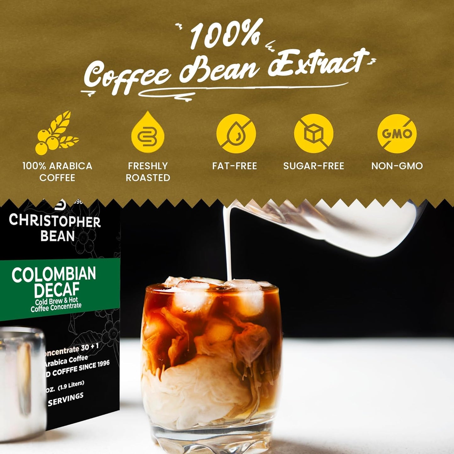 Christopher Bean Coffee - 396 servings, 30 to 1 Blend Bag in Box Liquid Instant Coffee or Cold Brew Coffee Concentrate - Hot or Iced Coffee - Decaf Colombian
