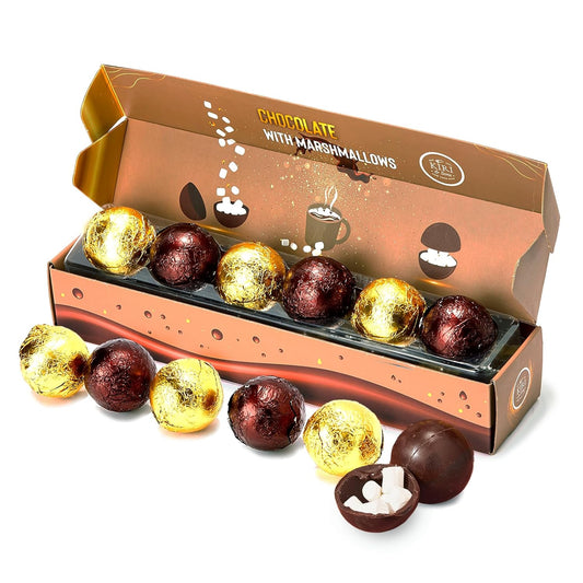 Hot Chocolate Boms Marshmallow Balls - Set of 6 - Delicious Cocoa Melts Bom Filled Marshmallows - 2 Flavors Caramel & Fudge Brownie Candy - Classic Milk Chocolates Cocoa Melt Gift - Delicious Gifts