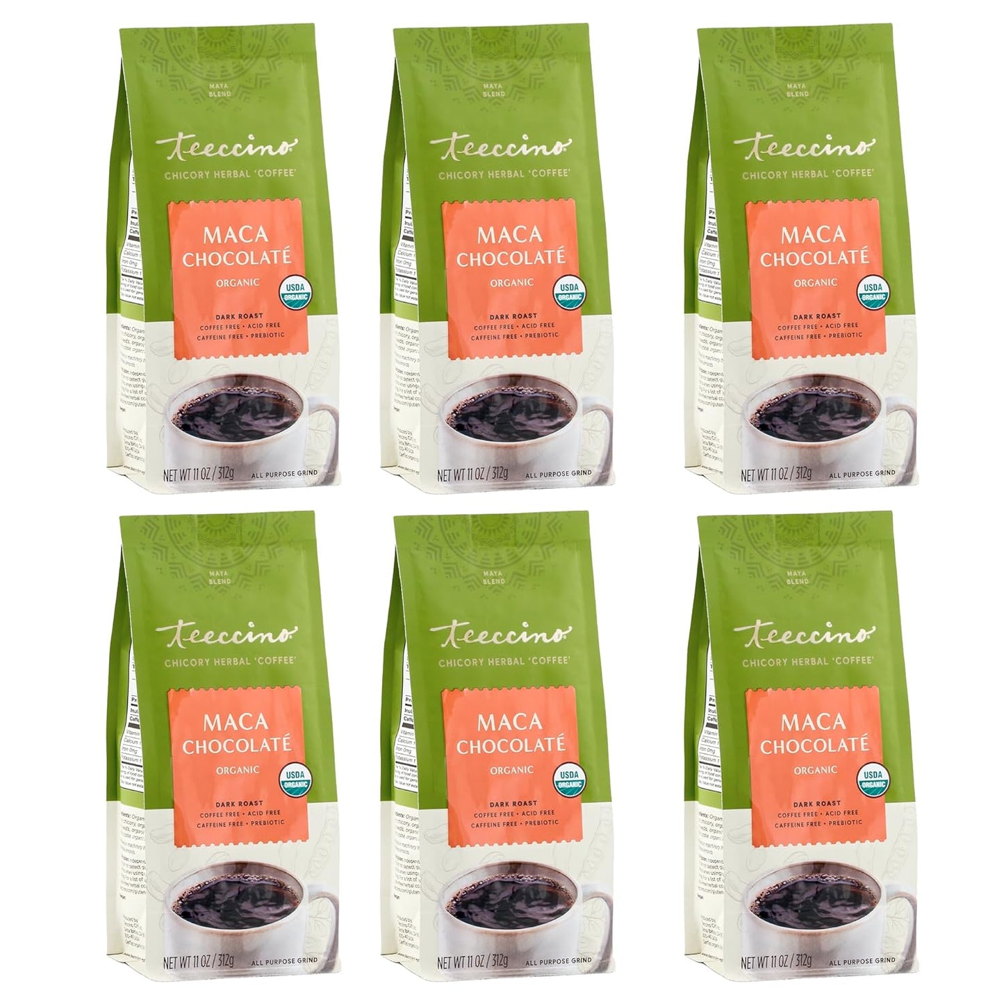 Teeccino Maca Chocolaté Chicory Coffee Alternative - Ground Herbal Coffee That’s Prebiotic, Caffeine Free & Acid Free, Dark Roast, 11 Ounce (Pack of 6)
