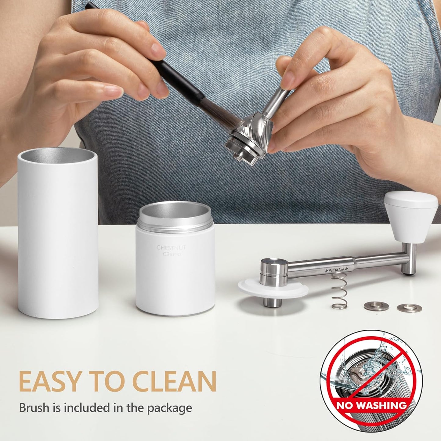 TIMEMORE Chestnut C3S Pro Hand Coffee Grinder, Stainless Steel S2C Conical Burr Manual Coffee Grinder, Coffee Grinder with Foldable Handle, Adjustable Grind Setting for Espresso to French Press, White