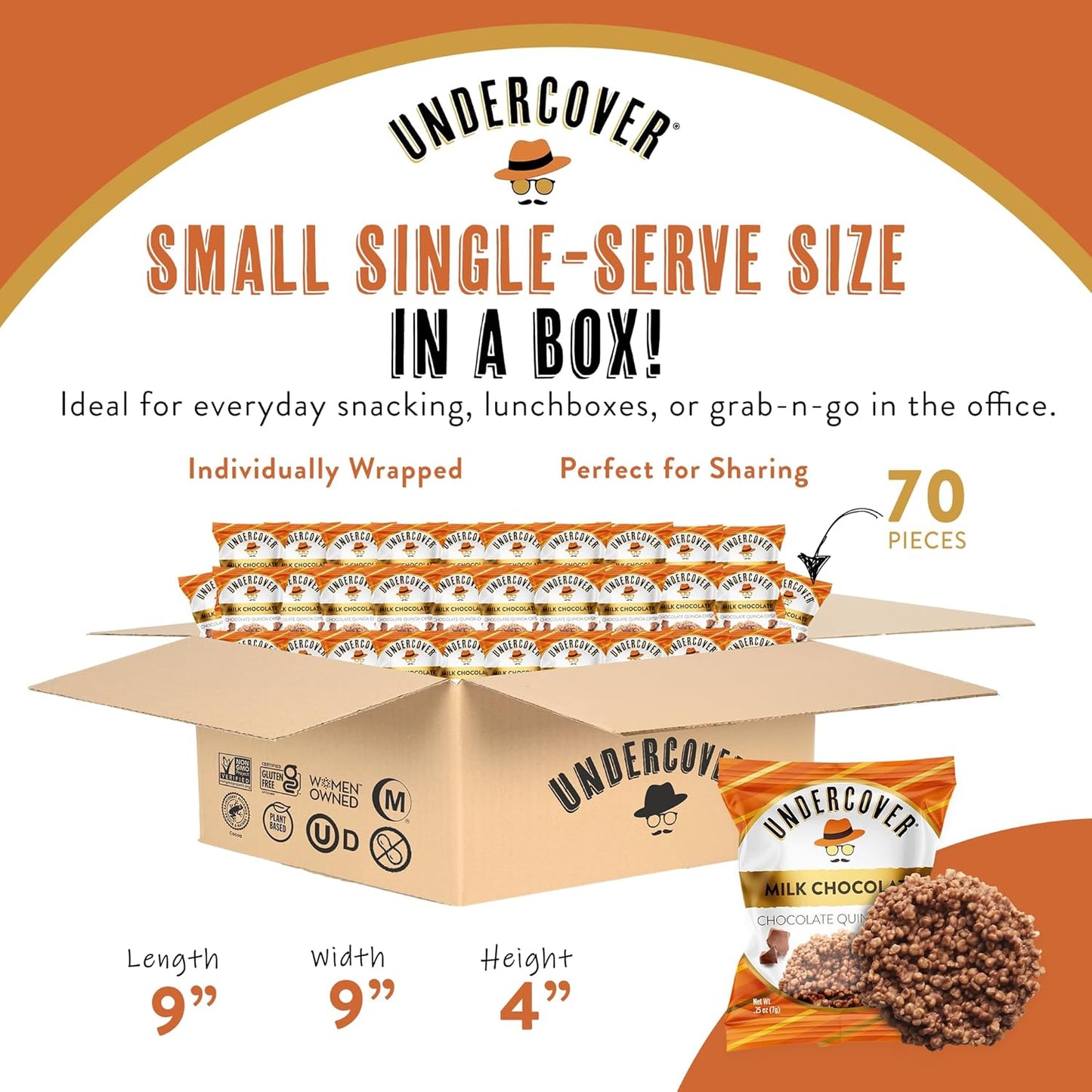 Undercover Snacks Chocolate Quinoa Crisps - Milk Chocolate | 70-Count, Individually Wrapped Crisps | Gluten Free, Nut-Free, Allergen Friendly, Kosher, NOT AIRLINE SIZE