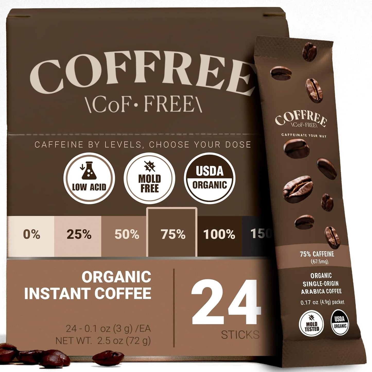 COFFREE Organic Instant Coffee Packets - 75% Half Caff Low Acid, Mold Free Coffee Made with Arabica Coffee Beans - Rich & Smooth Taste - Hot or Cold Single Serve Travel Packets 24 Pack Box