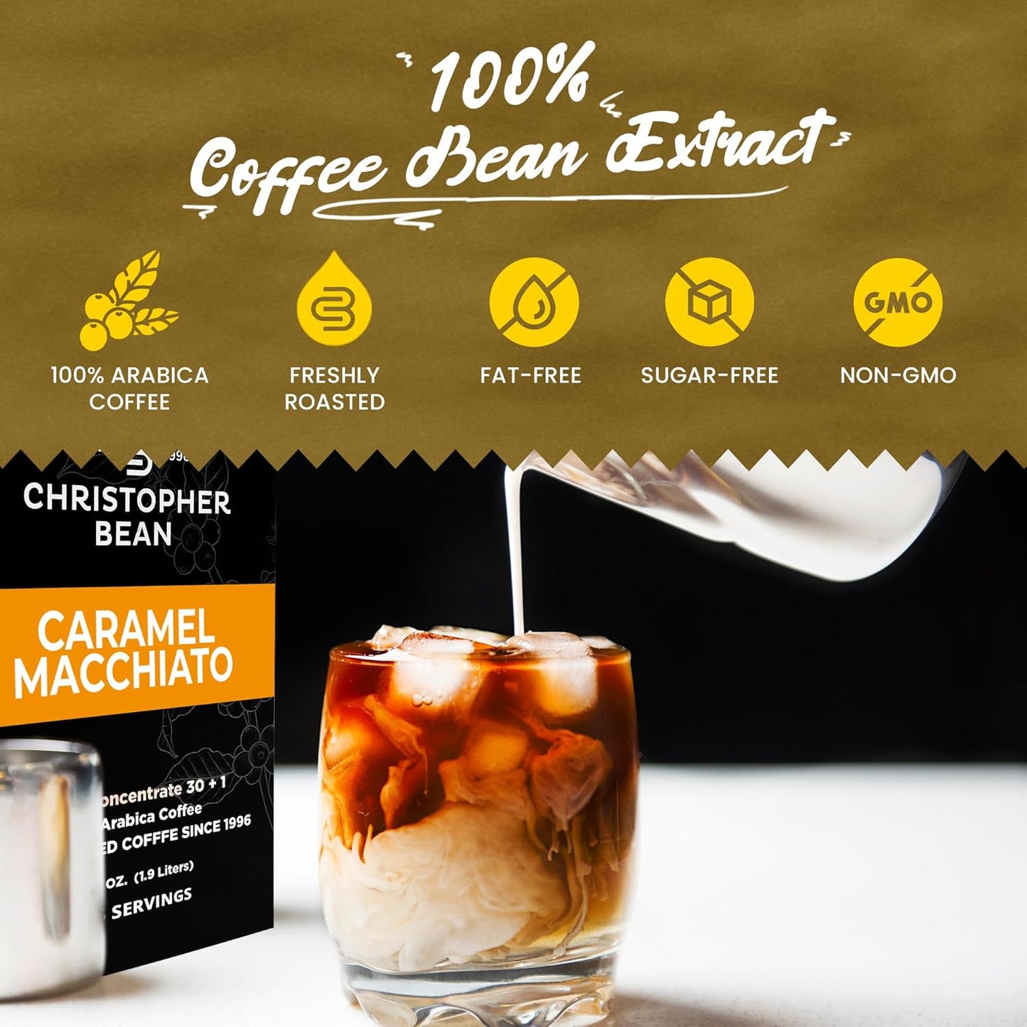Christopher Bean Coffee - 396 servings, 30 to 1 Blend Bag in Box Liquid Instant Coffee or Cold Brew Coffee Concentrate - Hot or Iced Coffee - Caramel Macchiato