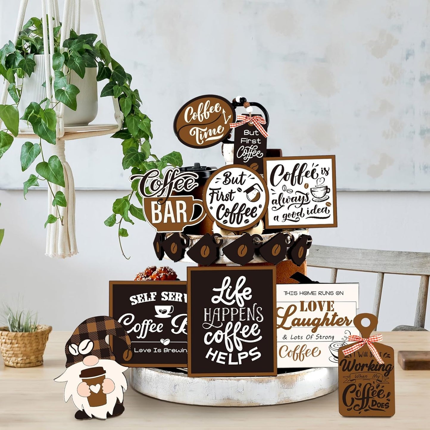 Thyle 16 Pcs Fall Coffee Tiered Tray Decor Set Coffee Bar Wooden Signs Rustic Decorations Farmhouse Table Ornament for Station Bar Tray Shelf
