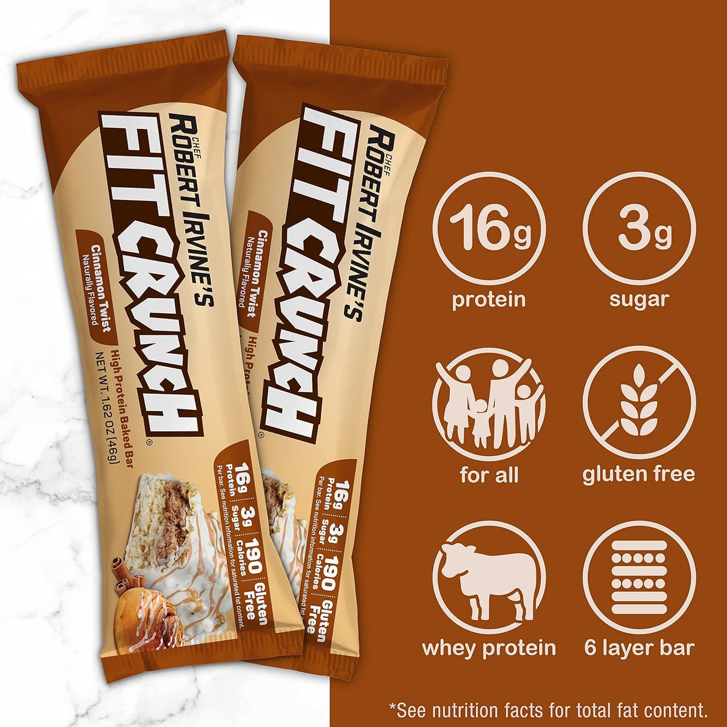 FITCRUNCH Snack Size Protein Bars, 6-Layer Baked Bar, 3g of Sugar & Soft Cake Core (9 Bars, Cinnamon Twist)