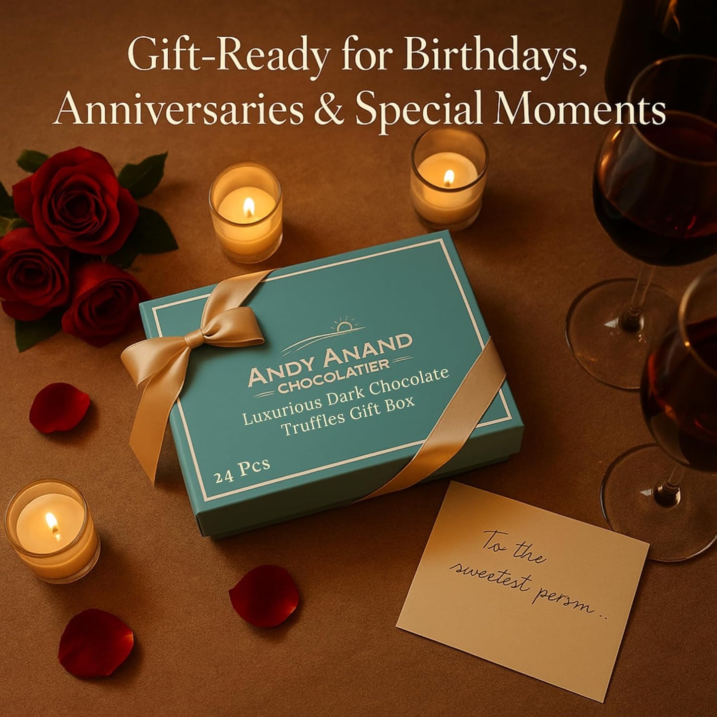 Andy Anand Chocolatier Luxurious Dark Chocolate Truffles Gift Box - Handmade Gourmet Chocolate Assortments, Gluten Free chocolate Perfect_gifts for her & for birthday Gifts & wedding gifts (24 Pcs)