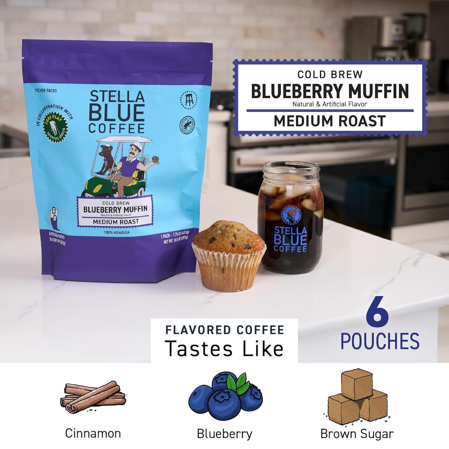 Stella Blue Cold Brew Coffee Bags, Blueberry Muffin, Medium Roast Ground Coffee, Smooth, Bold and Refreshing 100% Arabica, 6 Brew Packets, Makes 24 Cups, Rainforest Alliance Certified