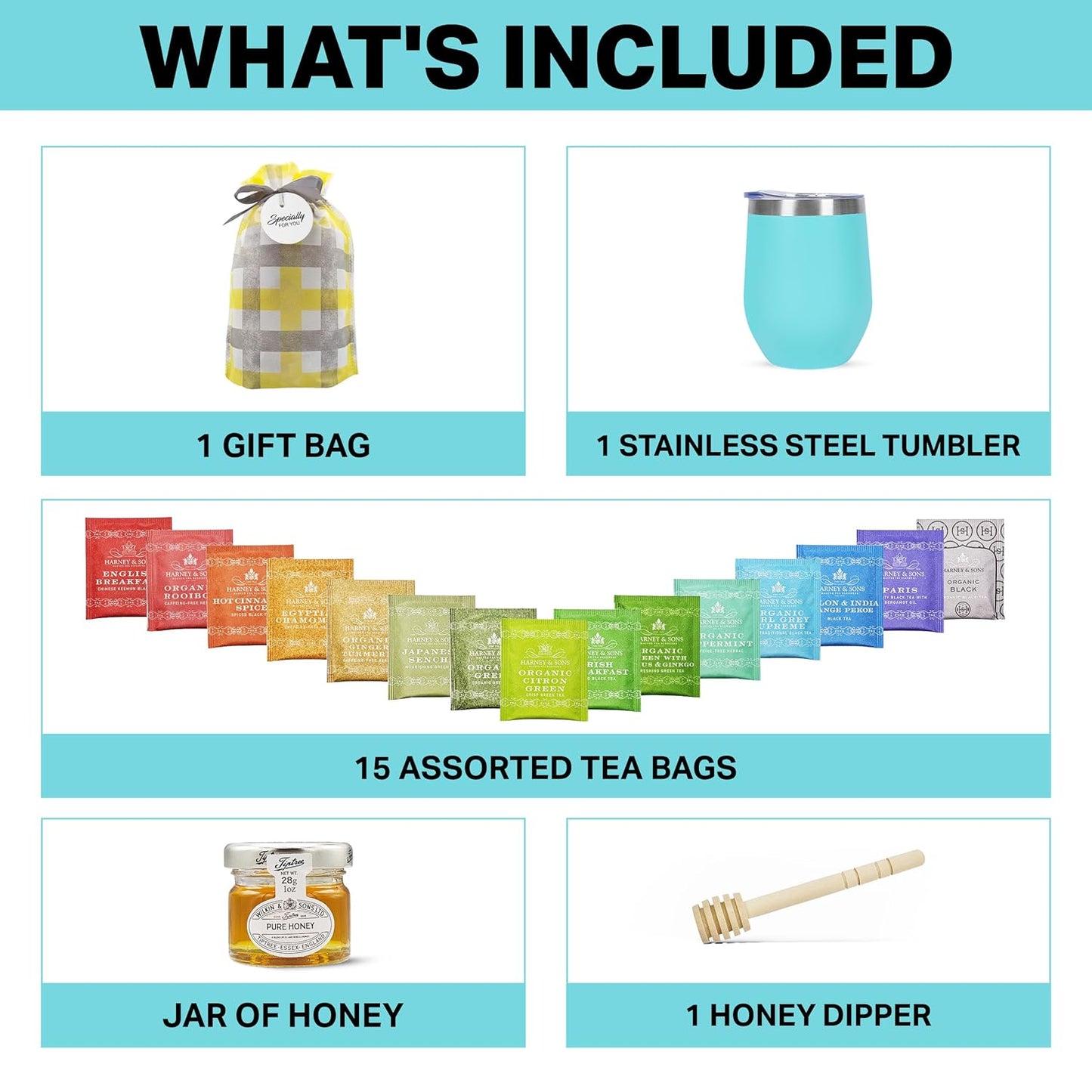 Tea Gift Set for Women & Men – Includes Assorted Teas, Elegant Mug & Honey (Teal - Hrny & Sons Tea)