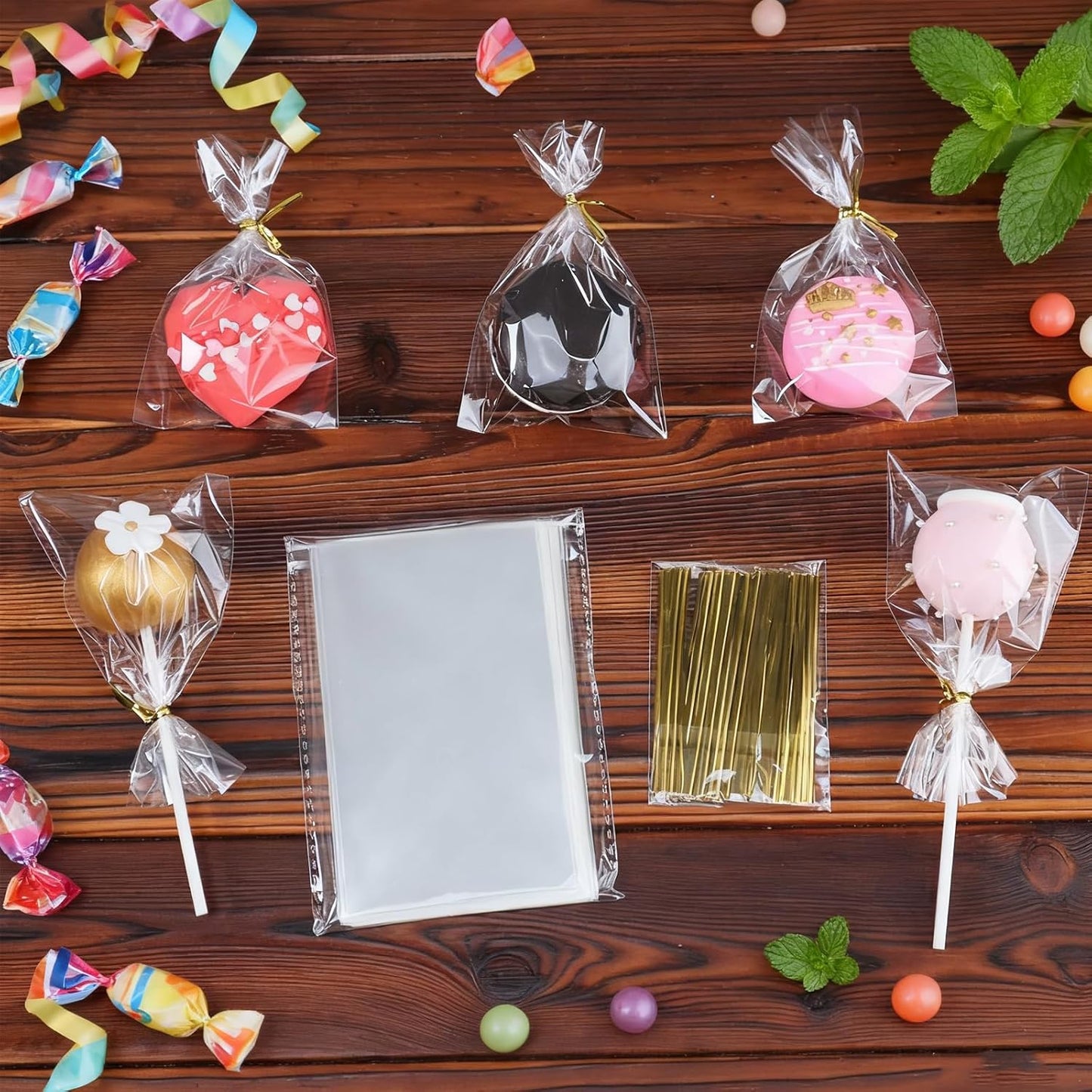ROSPAKTEK 100 Pcs Cellophane Treat Bags 3x5 Inch with 100 Twist Ties - OPP Plastic Cake Pop Bags for Lollipop, Candy, Chocolate, Cookie Wrapping & Buffet