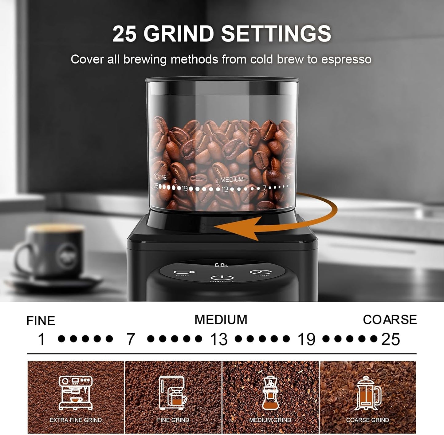 Conical Burr Coffee Grinder, Electric Coffee Bean Grinder with 25 Precise Grind Settings for Espresso/Drip/French Press, Smart Touch Control, Anti-static, Black