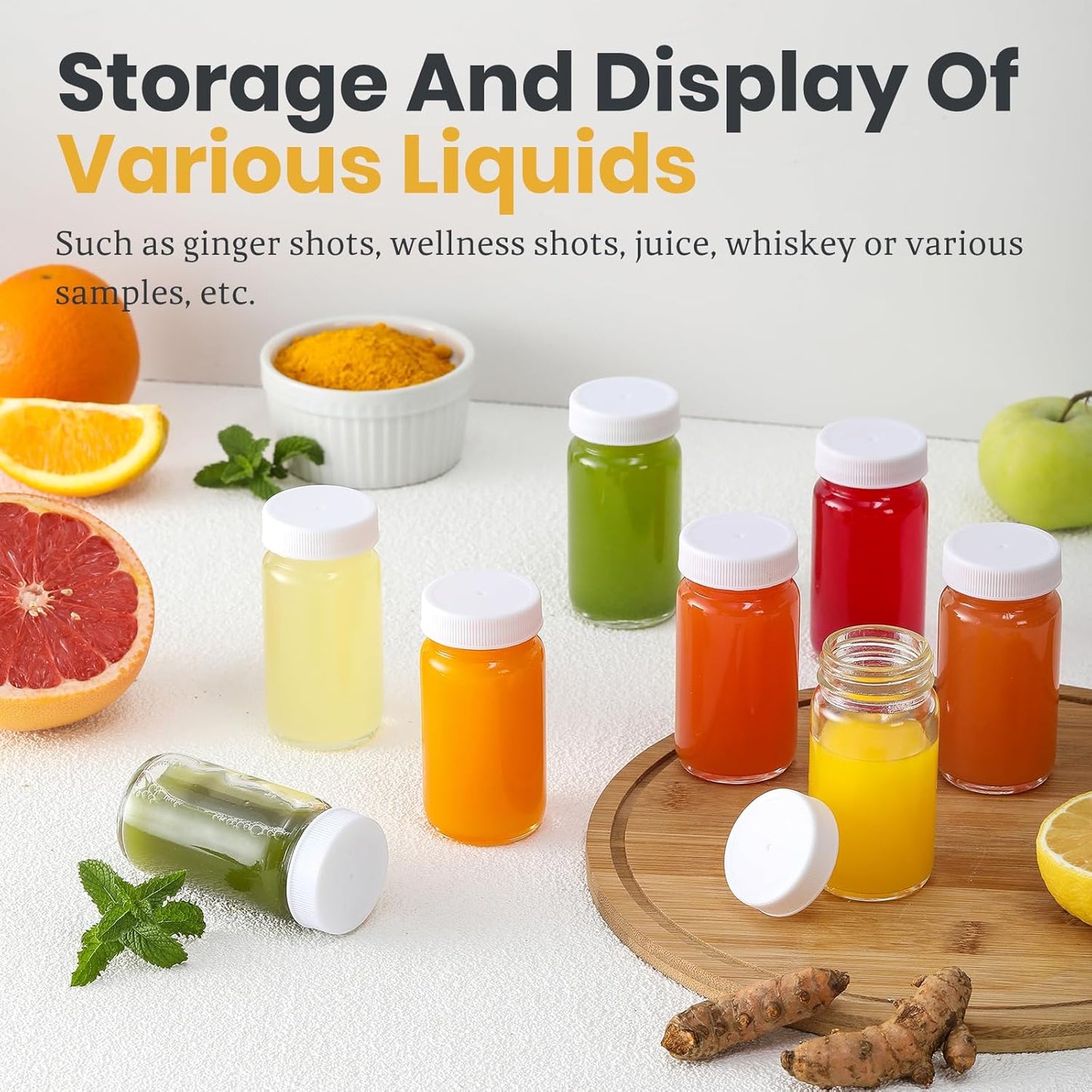 30 Pack 2 oz Glass Shot Bottles w/ White Lids & 30 Labels - Small Clear Jar for Ginger, Wellness Shot, Juice, Sample, Whiskey - Travel Essentials Mini Bottles - Wide Mouth, Leakproof, Dishwasher Safe