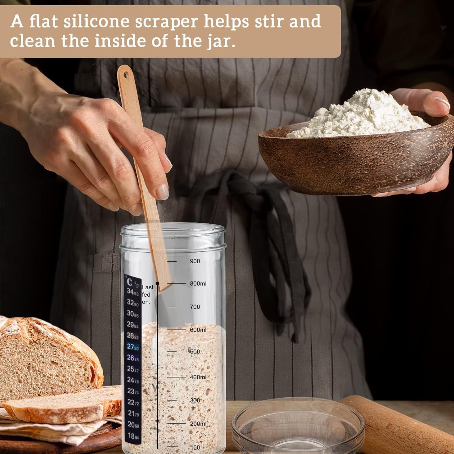 2pcs 1000ML FSourdough Starter Kit with Date Marked Feeding Band, Thermometer, Cloth Cover & Metal Lid, Reusable Sourdough Bread Baking Supplies, Canisters for household or kitchen use