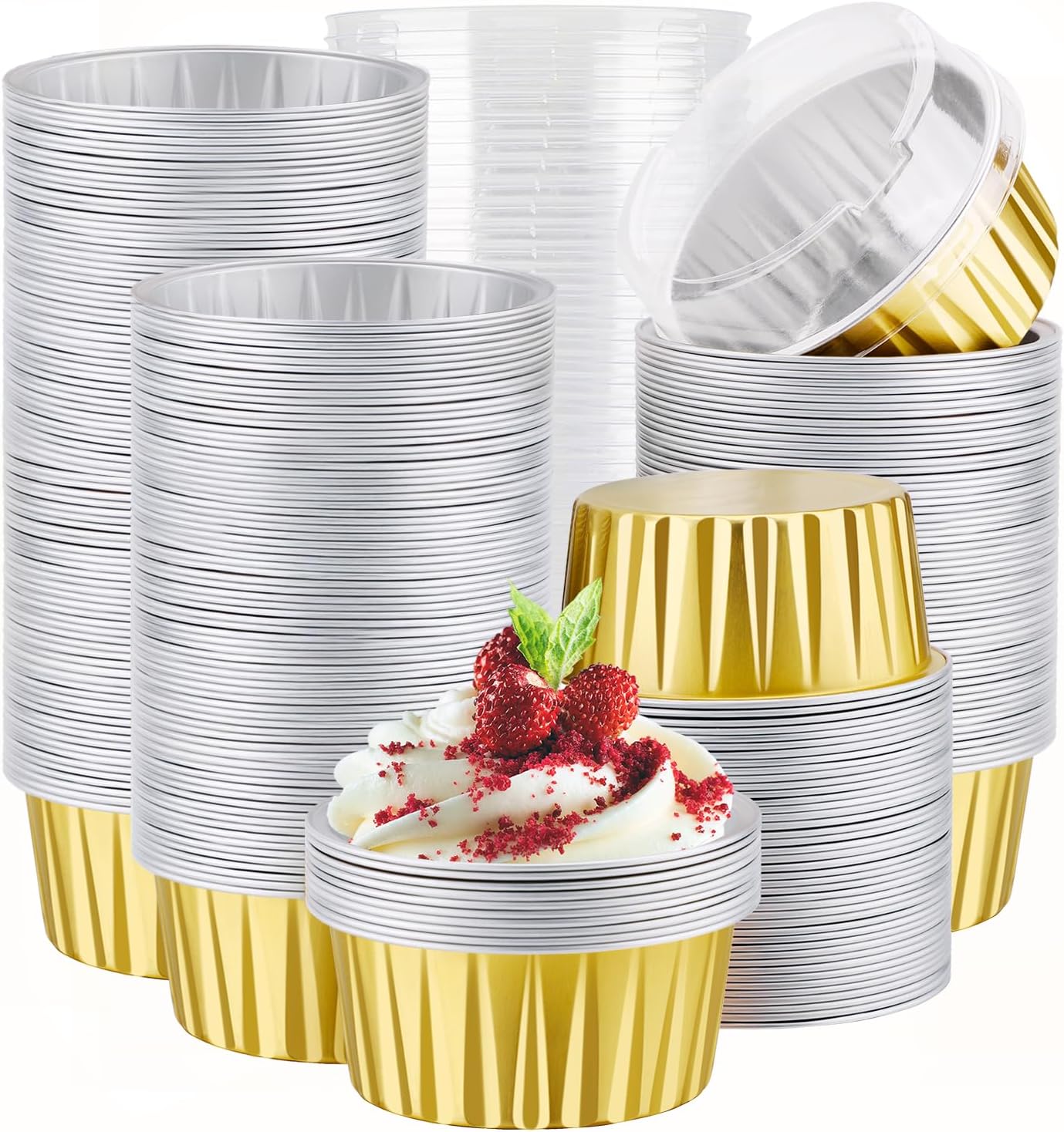 EUSOAR Gold Baking Cup, 400pcs 5oz Mini Foil Ramekins Cupcake Liners with Lids for Oven Baking, Disposable Aluminum Dessert Cheesecake Creme Brulee Cups Pan Containers