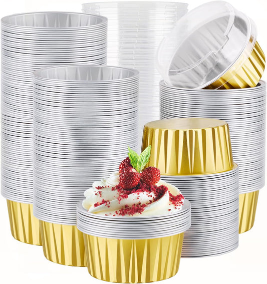 EUSOAR Gold Baking Cup, 400pcs 5oz Mini Foil Ramekins Cupcake Liners with Lids for Oven Baking, Disposable Aluminum Dessert Cheesecake Creme Brulee Cups Pan Containers