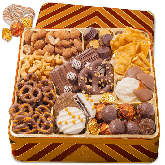 Holiday Chocolate Gift Basket– Thanksgiving Snack Box with Covered Pretzels, Oreos, Nuts & Sweets – Gourmet Food Gift Tin for Christmas, Families, Men, Women, Clients- Bonnie and Pop