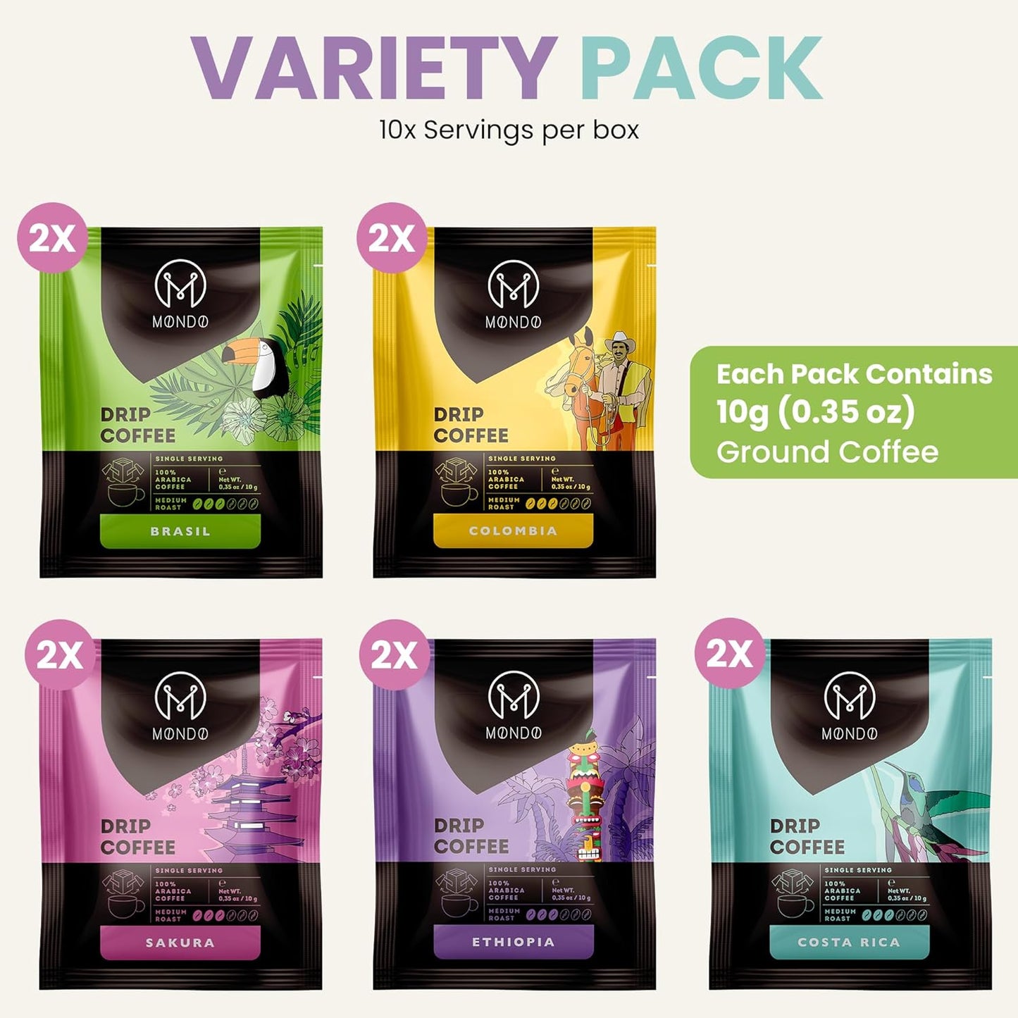 Mondo Drip Coffee Mix (10-Pack Variety), Single Serve Pour Over Filter Bags, Pre-Filled 100% Arabica, Medium Roast