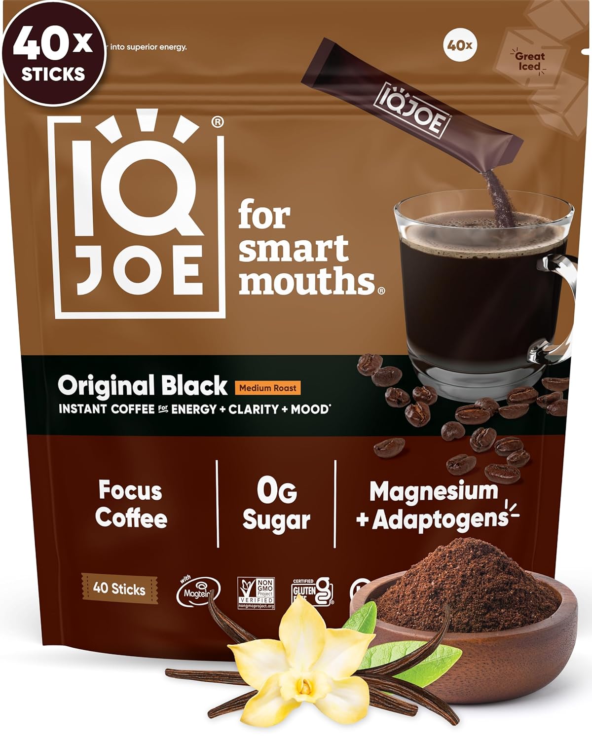 IQJOE Mushroom Coffee Packets (40 Servings) Lion’s Mane, Magtein Magnesium, Antioxidants, Adaptogens - Original Black - Instant Coffee for Focus, Clarity, Mood, Energy Boost - Sugar Free, Keto, Vegan