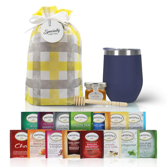 Tea Gift Set for Women & Men – Includes Assorted Teas, Elegant Mug & Honey (Blue)