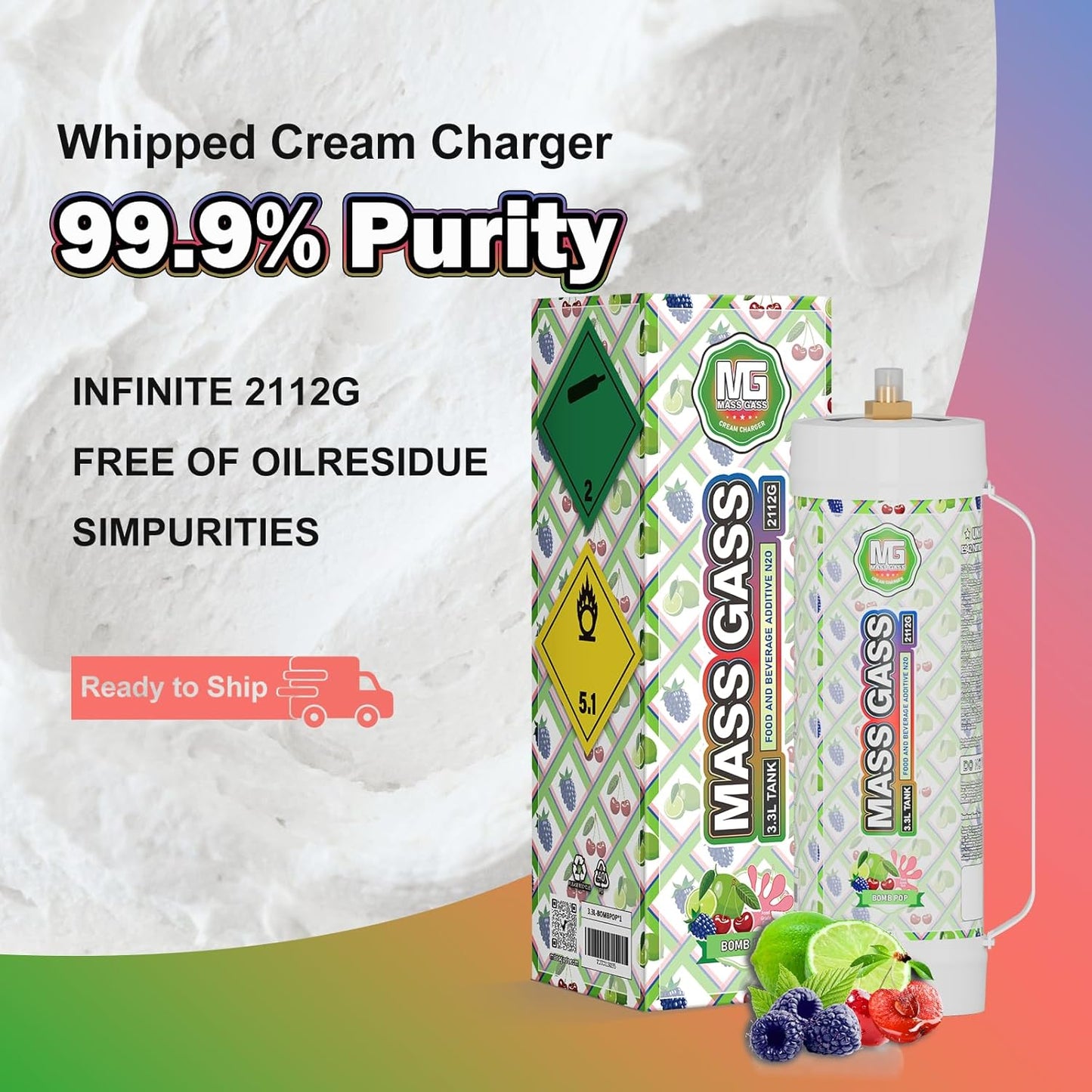 Whipped Cream Charger 3.3l Tanks,Mass Gass 2112g Whip Cream Chargers Cylinde,Food Grade 99.9%-Purity (1 Cylinder BOMB POP)