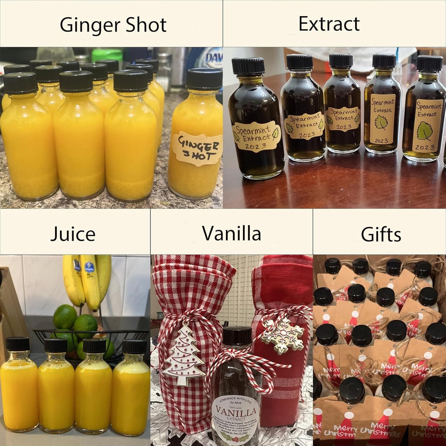 6Pack 2oz Glass Shot Bottles with Caps and Funnels, Boston Round Glass Bottles, Leakage-Proof Ginger Shots Bottles, Wellness Shot Glass Bottles, Suitable for DIY Essential Oils, Juice, Whiskey