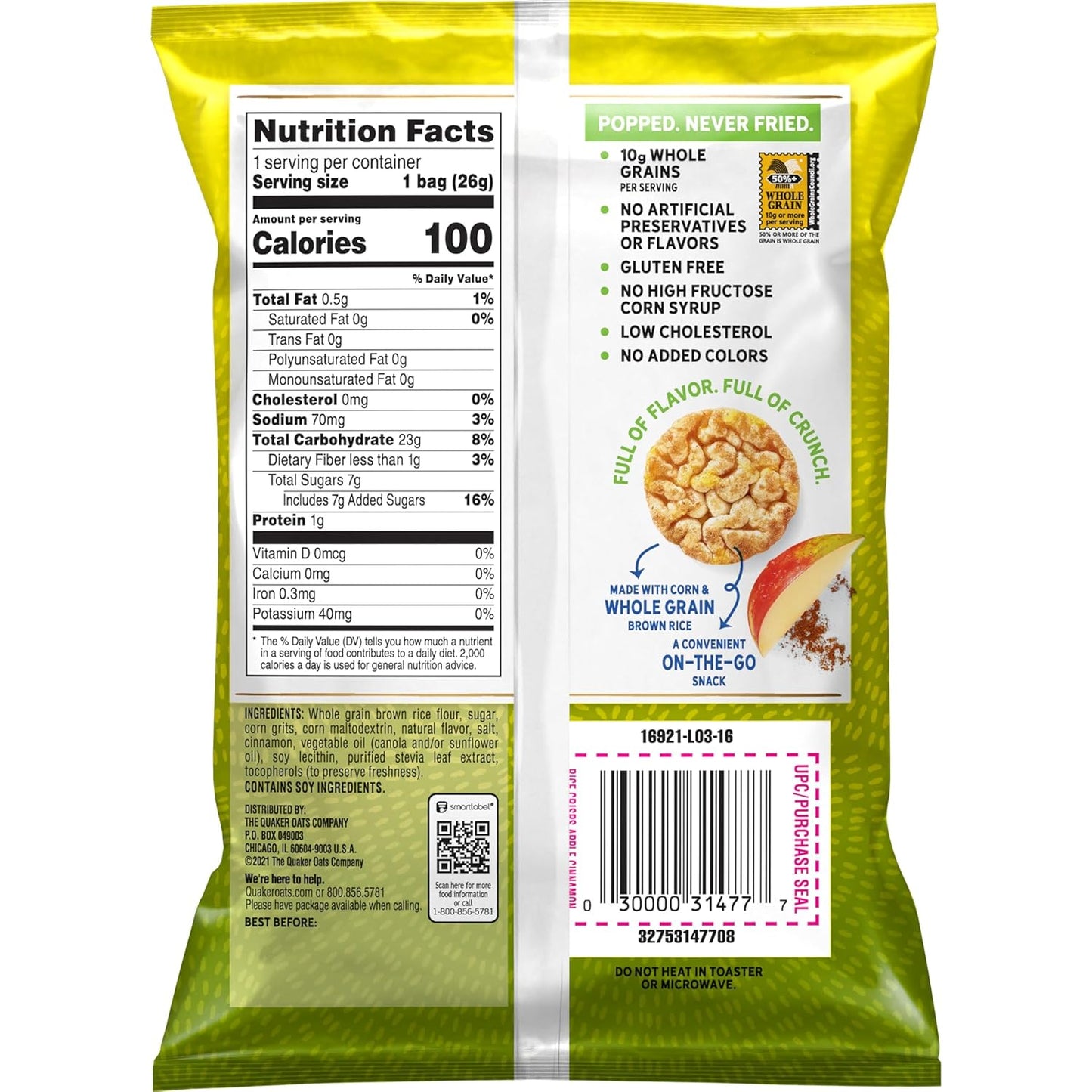 Quaker Rice Crisps, Gluten Free, Apple Cinnamon, 0.91 Oz, 30 Count