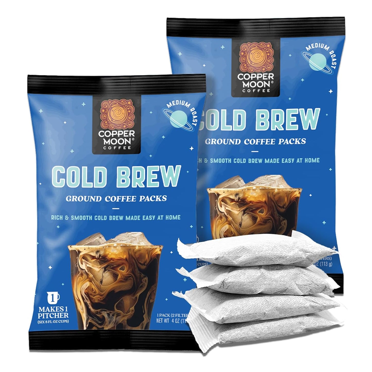 Copper Moon Cold Brew Ground Coffee Packs, Medium Roast, 4 filter pouches, 8 oz