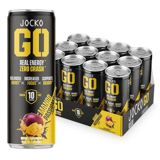 Jocko GO Energy Drink - Keto, Vitamin B12, Vitamin B6, Electrolytes, L Theanine, Magnesium- Energy Boost, Sugar Free Nootropic Monk Fruit Blend - 12 Pack (Mango Passionfruit)