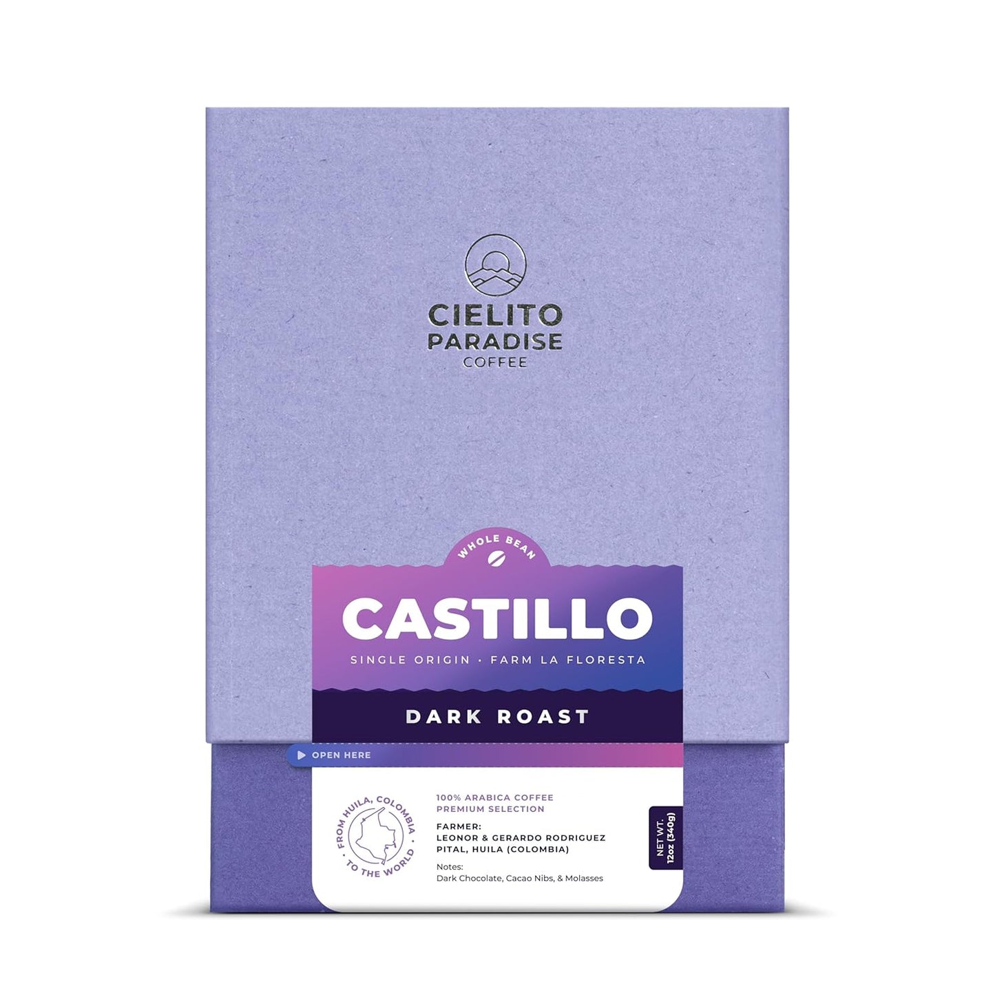 Premium Dark Roast Coffee - Cielito Paradise Castillo Whole Bean, Single Origin from Huila Colombia, Rich Notes of Chocolate & Molasses, 12oz