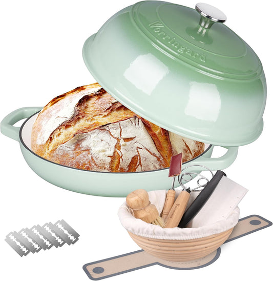 Enameled Cast Iron Dutch Oven Pot with Lid, Bread Oven for Sourdough Bread Baking, Dutch Ovens with Bread Proofing Basket& Baking Supplies Set, 6 Quart, Green