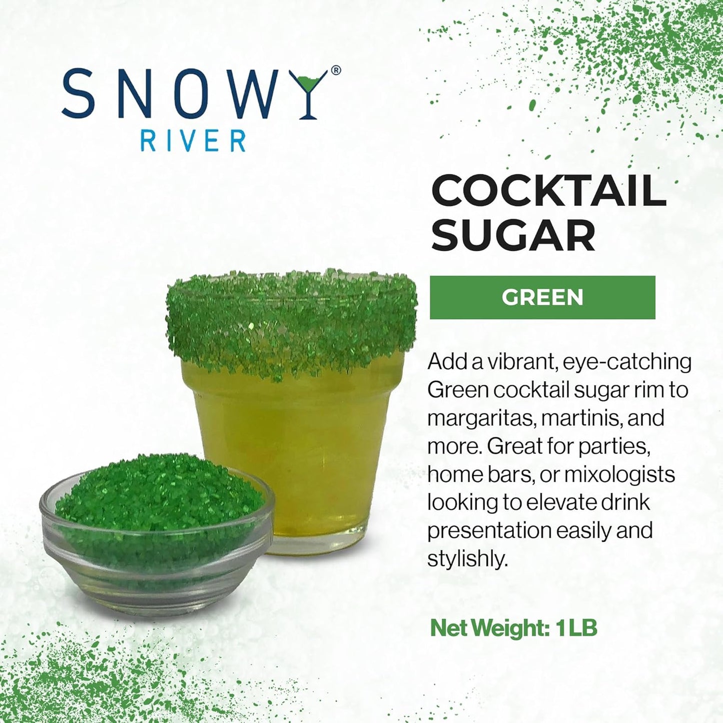 Snowy River Green, Cocktail & Margarita Sugar Rimmer - Vibrant Color Glass Rimming Sugar with Medium Crystal Texture - 16oz